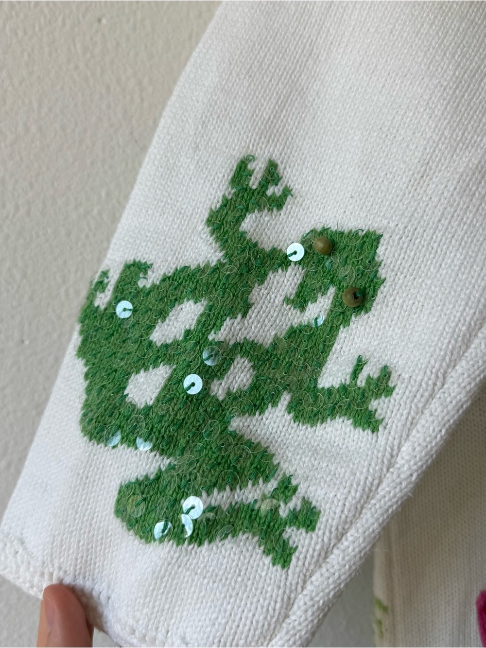 Vintage Janes Closet Frog Lily Pad Sequin Cardigan Sweater Art to Wear - Picture 11 of 12